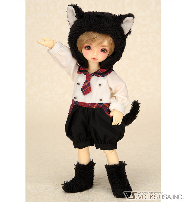 Fluffy Black Cat Ear Rompers  (Red Plaid)