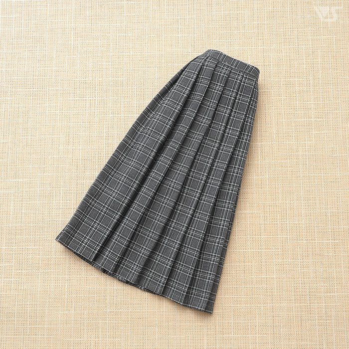 Long Pleated Skirt (Black Plaid)