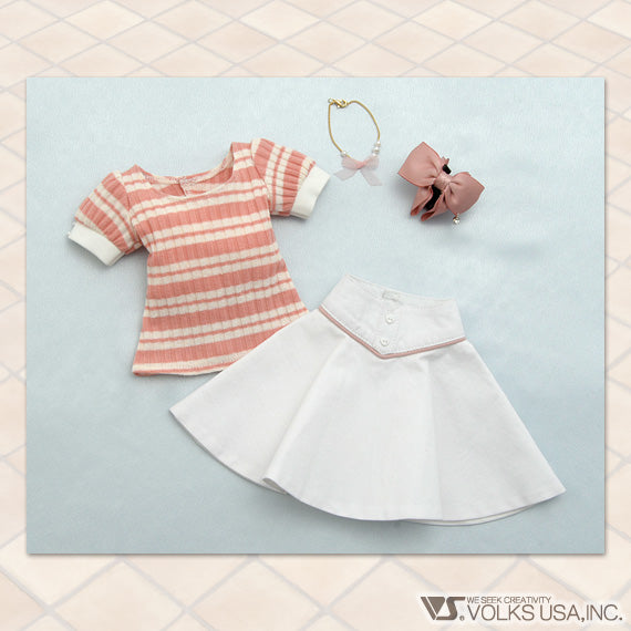 Pink Striped Top & White Skirt Set